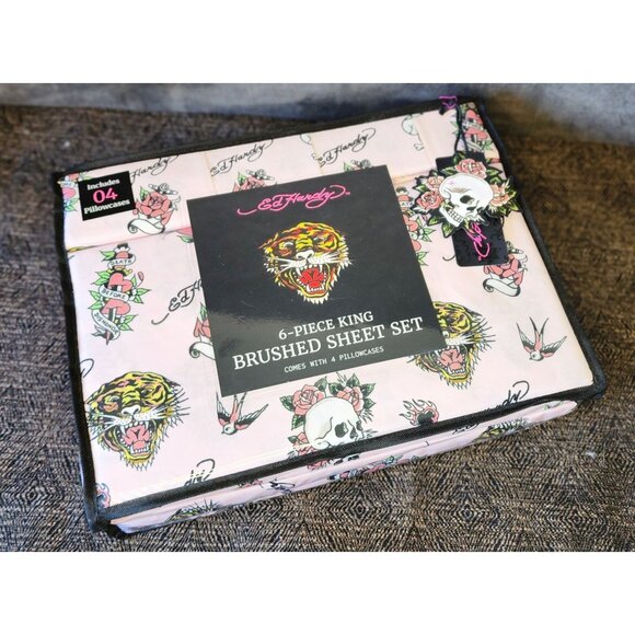 Ed Hardy 6-Piece King Brushed Sheet Set Pink Tattoo-Inspired Design Tiger Skull - Picture 1 of 4